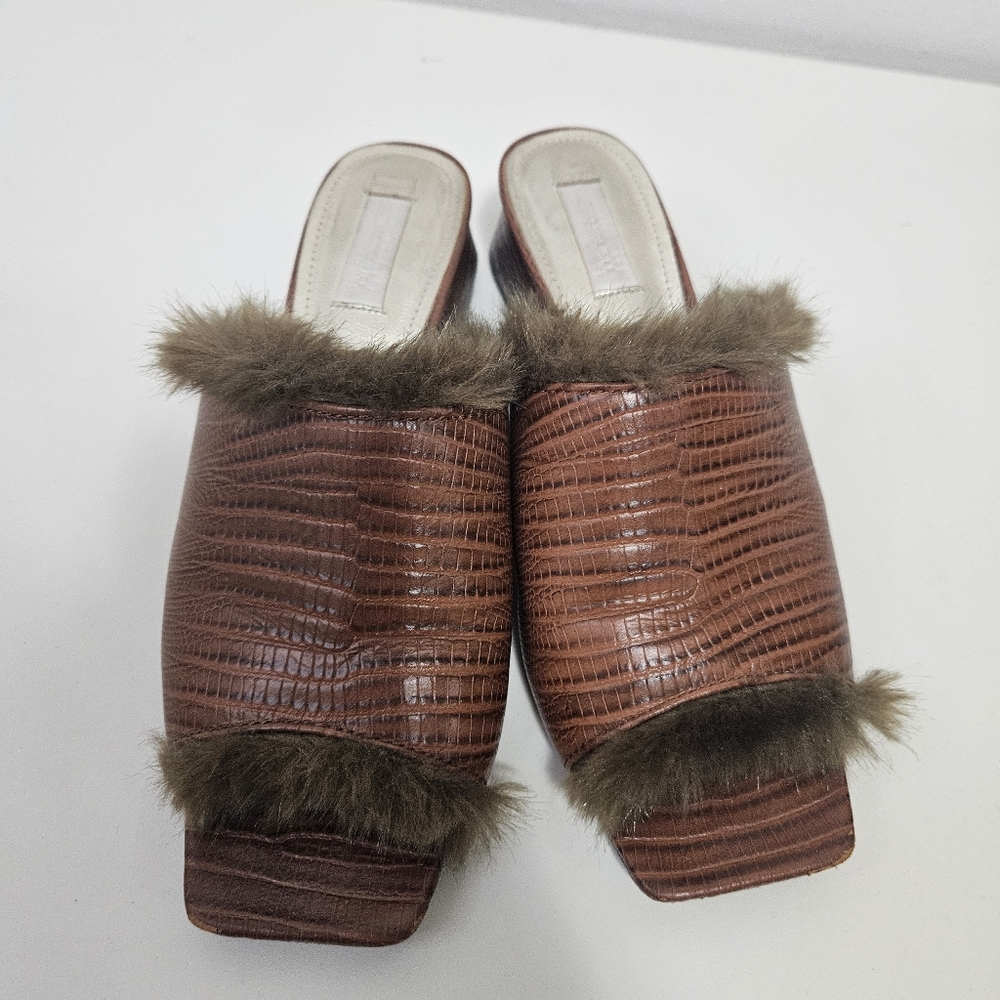 Suzanne Rae Faux Lizard With Faux Mink Lining Mules Slides 7.5 Brown Block Heel - Picture 3 of 11